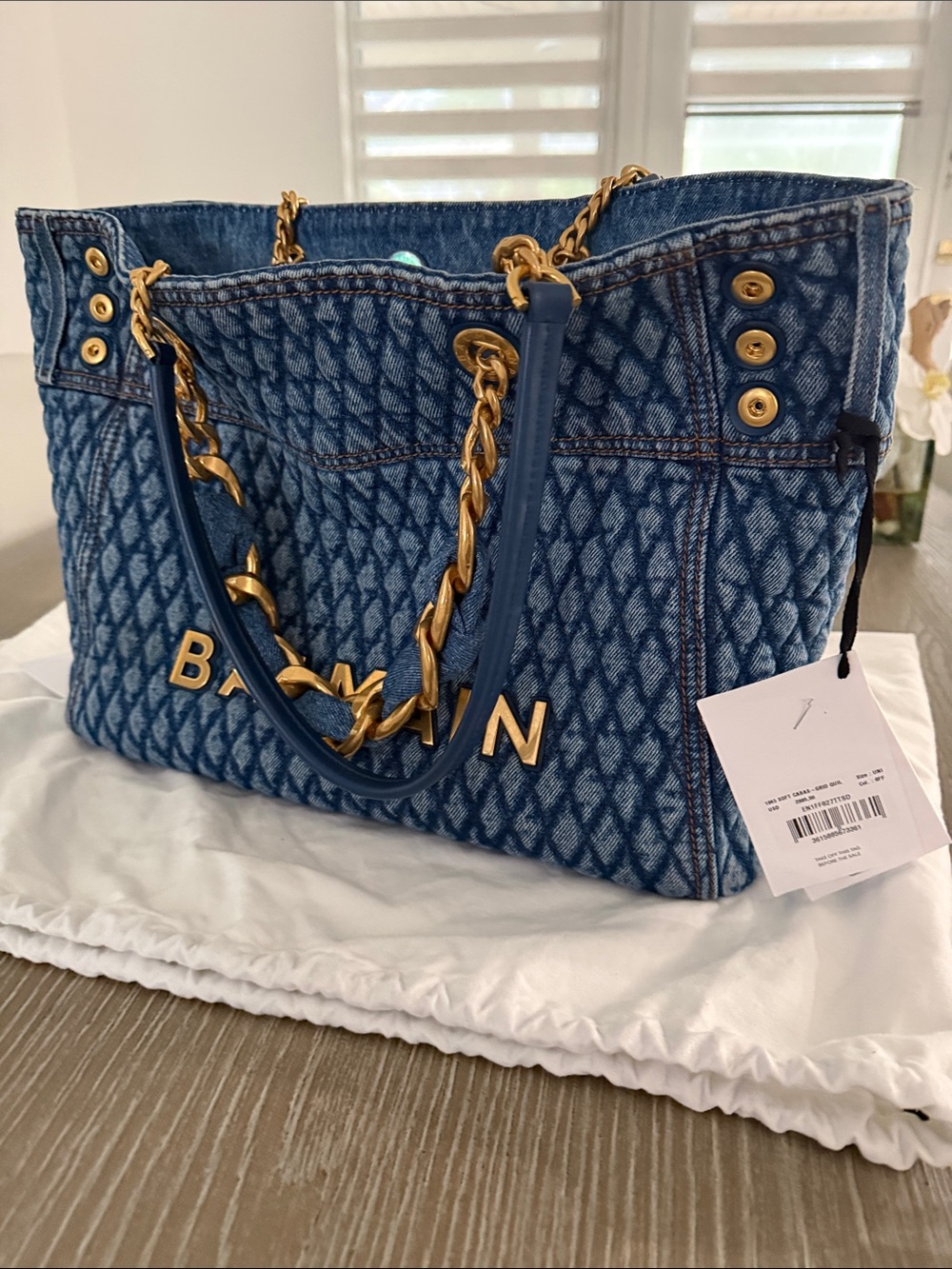 Balmain Denim Monogram Quilted Tote with Gold Chain - Picture 5 of 16